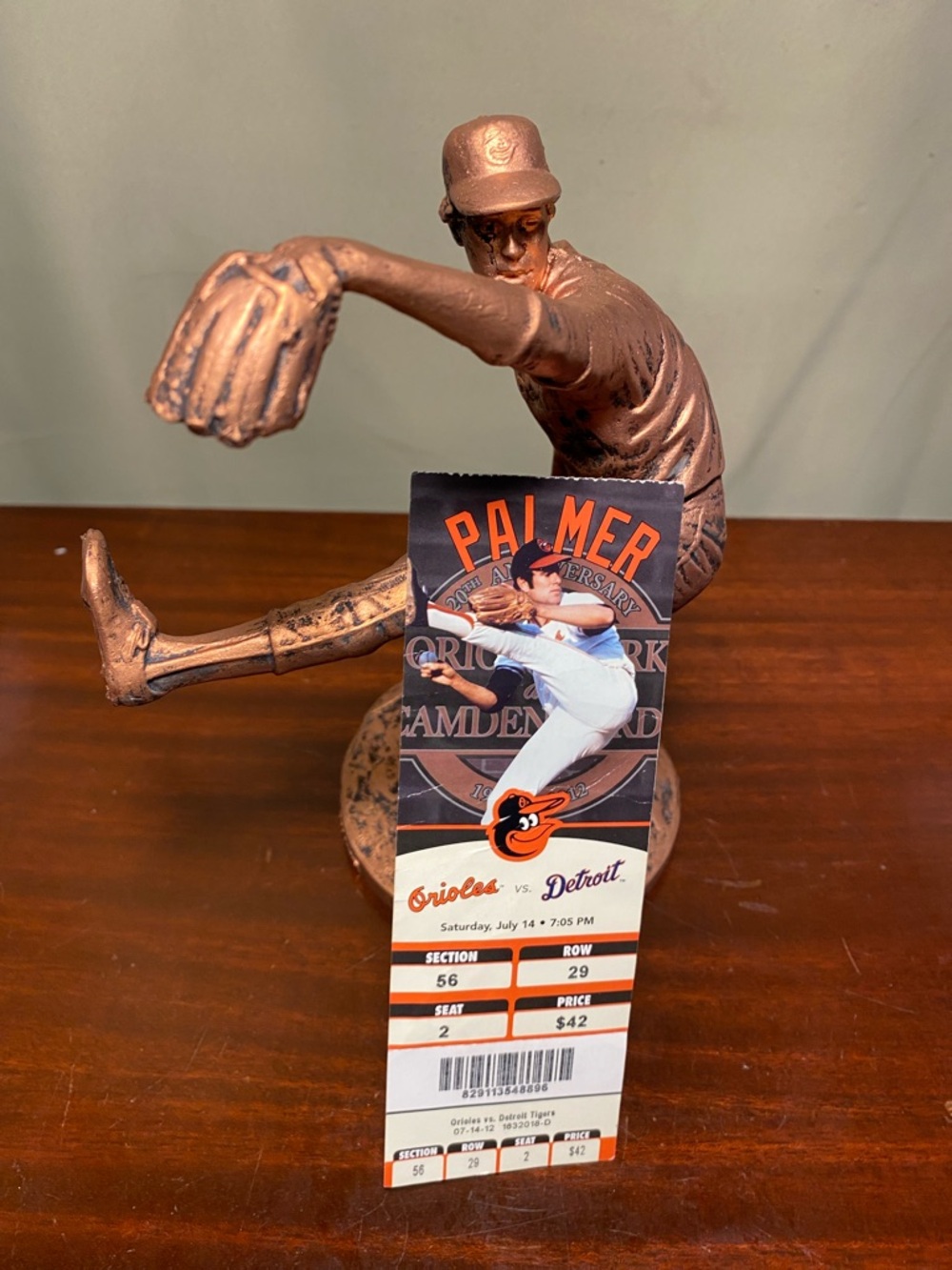 Baltimore Orioles Jim Palmer Bronze Colored Design Statue Sculpture 2012 /Ticket